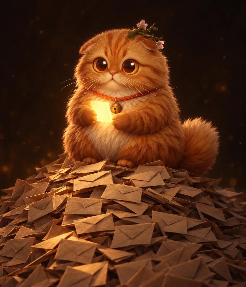 Miruto sits on a pile of unopened envelopes holding one glowing note
